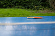 Outdoor ping pong table fragment. Folding table for playing small tennis. Active leisure.