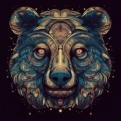 Poster - Bear head, black background. Generative AI