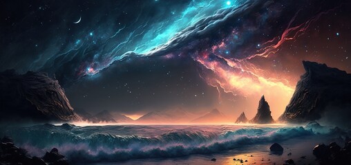 Wall Mural - of a seascape dotted with galaxies Generative AI Generative AI