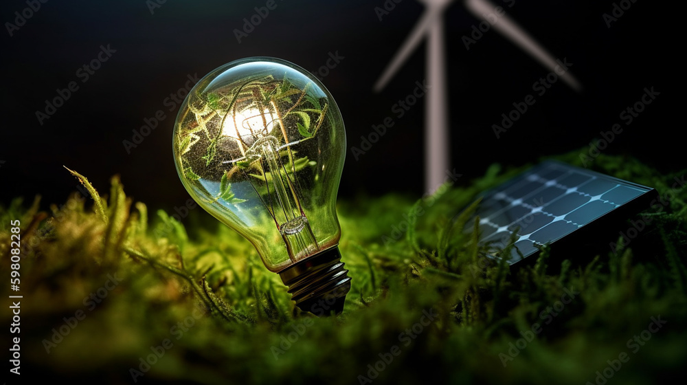 Lightbulb with Solar Panel and Wind Turbine in Background - ESG ...