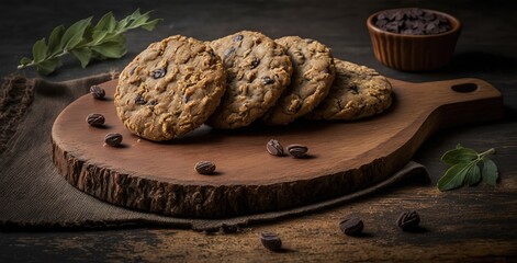 Wall Mural - The board is covered with oatmeal cookies. at the granite desk. Generative AI Generative AI