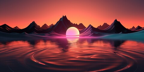 Wall Mural - Sun kissed Geometric Mystic Landscape  Illuminated Mountains   Water with Neon Circle, Generative AI