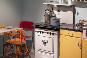 Old retro kitchen and kitchen equipment from early 1940-1980. Interior and nostalgia concept.