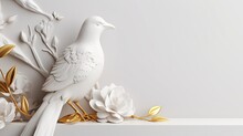 Background Featuring With White Bird Statue With Golden Legs On White Backdrop. Sculpture Artistic Design. Generative AI. 