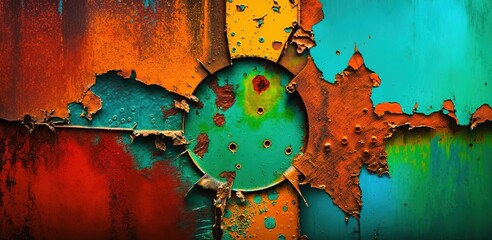 Wall Mural - Abstract rusty metal in a rainbow of colors. Rust and brightly colored paint cover an iron backdrop. Generative AI Generative AI