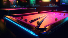 Game Of Billiards Cue And Layers On The Tables Neon Light