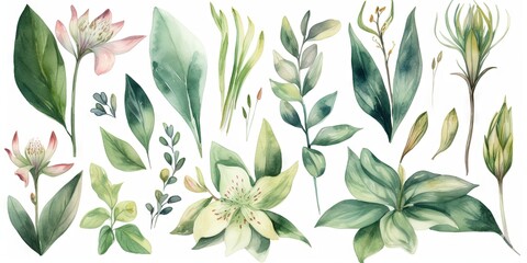 Wall Mural - Boho Lily Garden Watercolor Set   Botanical Floral Clip Art Collection, Generative AI