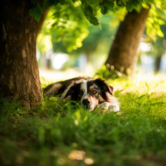 Wall Mural - A dog lying in a shady spot under a tree, panting heavily and seeking relief from the heat, ai