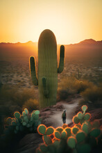 Person Exploring A Desert Landscape With A Giant Cactus And A Colorful Sunset, Ai