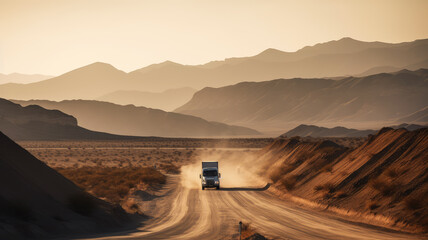 A photograph of a truck driving down a deserted road in the middle of nowhere, ai