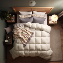 A Photograph Of A Bedroom With A Cozy Bed, Fluffy Pillows And A Soft Comforter, Shot From Above, Ai