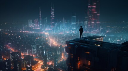 A person standing on skyscraper looking at a futuristic cyberpunk neon city skyline during a misty night