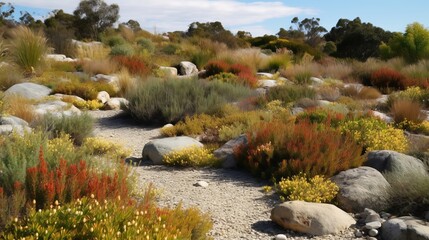 A patch of low growing, drought resistant plants embedded in sleepy, sloping bumpy land. AI generated