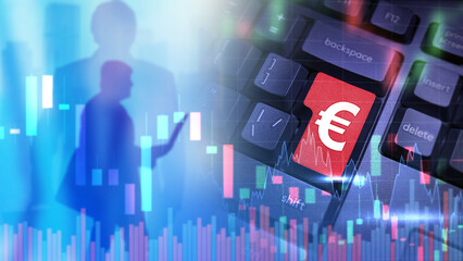 Poster - Keyboard with euro logo. Trading on European stock exchange. Investor silhouette. Euro currency crisis quotes. Investments in economy of Europe. Crisis falling chart. Fall of euro currency. 3d image