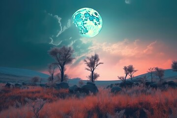 Wall Mural - Moon hung low in the sky, casting an ethereal glow over the landscape. Generative AI