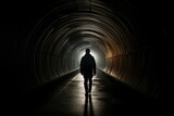 Fototapeta Przestrzenne - The End of the Tunnel: Man Walks Alone Towards Hope in a Backlit Silhouette. Generative AI