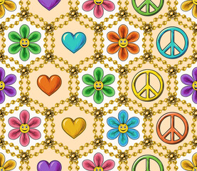 Wall Mural - Seamless pattern with chamomile flower, heart, peace sign, beads, emoji. Hexagonal geometric grid. Peaceful, positive background in groovy, hippie style.