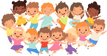Funny Kids Group. Happy Faces Expressions, Positive Multicultural Children, Fun Smiling Friends Portrait Isolated Vector Illustration