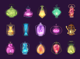 Wall Mural - fairytale lantern. video game cartoon magic equipment exact vector illustrations set