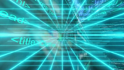 animation of blue neon lights beams with coding programming software language scifi background