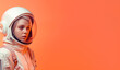 © SERGEI - Cute girl in white spacesuit on orange background. Banner, copy space. Generative AI. High quality illustration
