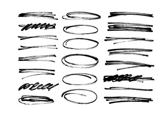 Marker pen underline and strikethrough strokes. Hand drawn collection of different scribble lines and brush strokes. Crosses, oval and strikethroughs. Vector black ink illustration of scribbles.