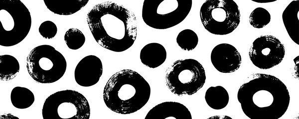Aufkleber - Bold irregular circles seamless pattern. Brush drawn thick spots and rough blots. Abstract geometric banner with bold round shapes. Retro organic texture. Vector dotted background.