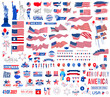 © MimiAhmed - A big set of America and 4th of July and memorial day elements. USA flag, the Statue of Liberty fireworks, balloons, and many more illustrations in one big bundle. Vector design.