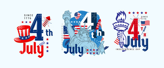 A set of abstract vector illustrations, united states of America 4th of July design with the statue of liberty, fireworks, flag hat, etc.