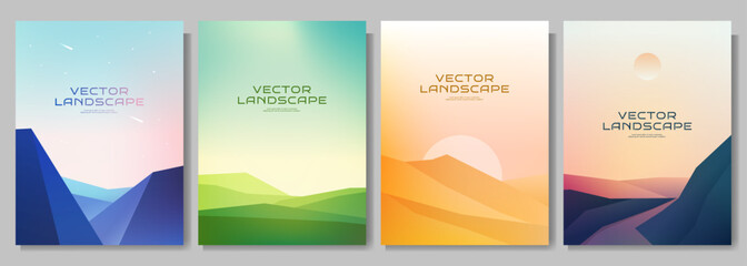 vector illustration. flat landscape collection. calm day scene, green meadow, desert hills, road by 
