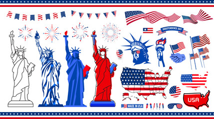 Wall Mural - A big set of America and 4th of July independence day elements. USA flag, the Statue of Liberty, fireworks, balloon, and many more illustration in one big bundle. Vector design.  