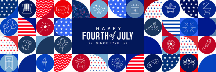 Wall Mural - 4th of July modern icon-based banner template with fireworks, balloons, calendar, stars, and many more usa related items. Vector illustration.