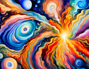 vibrant colorful watercolor new age style abstract cosmos scene with stars galaxies and planets in swirling vibrant colors