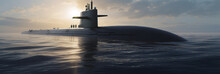 Close Up Of Military Submarine On Open Sea, Generative AI