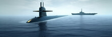 A Military Submarine On The Open Sea, In The Background An Aircraft Carrier, Generative AI