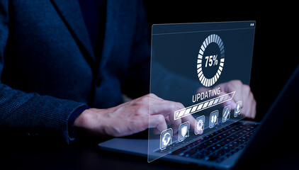 Update software application and hardware upgrade technology concept. User is using a notebook software update or operating system upgrade, updating progress bar on computer screen, Install app patch,