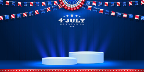 Wall Mural - United States of America, 4th of July independence day sale with paper fan, bunting, and with Blank, empty, copy space with cylindrical shape for the products display.