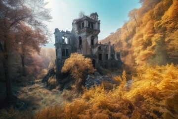 Wall Mural - Ruins of an old castle crumbled in the midst of a dense forest, reminding all who passed of the passing of time. Generative AI