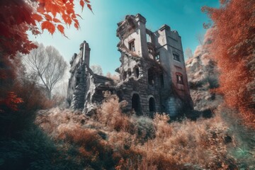 Canvas Print - Ruins of an old castle crumbled in the midst of a dense forest, reminding all who passed of the passing of time. Generative AI