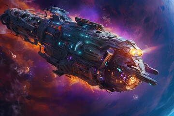 Poster - Spaceship flying through a colorful nebula, with a purple and blue color scheme and a futuristic space suit. Generative AI