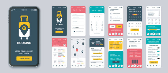 Aufkleber - Booking mobile app screens set for web templates. Pack of login, online account, choose destination or hotel room, payment and other mockups. UI, UX, GUI user interface kit for layouts. Vector design