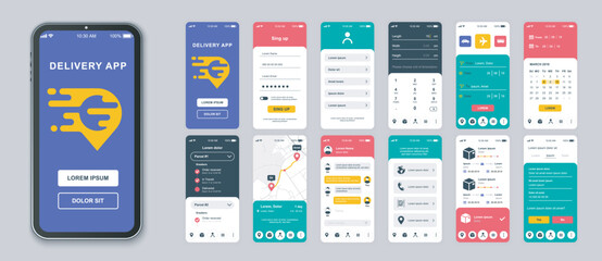 Aufkleber - Delivery mobile app screens set for web templates. Pack of login, ordering package, choose transportation, tracking parcel and other mockups. UI, UX, GUI user interface kit for layouts. Vector design