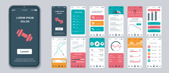 Aufkleber - Fitness mobile app screens set for web templates. Pack of login, different trainings, progress statistics, running tracking, other mockups. UI, UX, GUI user interface kit for layouts. Vector design
