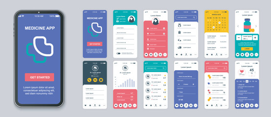 Fototapete - Pharmacy mobile app screens set for web templates. Pack of login, medicine service, online diagnostic, medical prescription and other mockups. UI, UX, GUI user interface kit for layouts. Vector design
