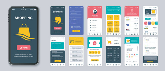 Aufkleber - Shopping mobile app screens set for web templates. Pack of login, assortment goods, prices, online ordering, shop rating and other mockups. UI, UX, GUI user interface kit for layouts. Vector design