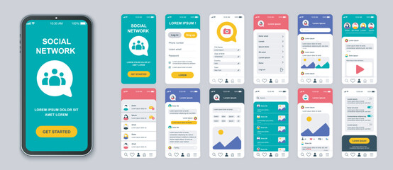Aufkleber - Social network mobile app screens set for web templates. Pack of login, information profile, posts, photos, friends, chats and other mockups. UI, UX, GUI user interface kit for layouts. Vector design