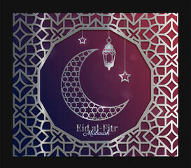 Wall Mural - Eid Mubarak silver postcard. Ramadan traditional festival. Abstract crescent with lamp and stars. Ramazan and ramadhan. Poster or banner. Realistic flat vector illustration