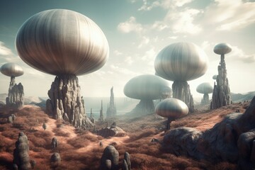 Wall Mural - Surreal alien planet at midday, featuring towering mushroom-like structures and strange floating orbs in the sky. Generative AI