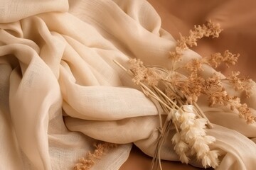 flat lay photo of beige scarf and dried flowers. background. Generative AI Generative AI
