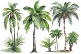 Fototapeta Desenie - Watercolor tropical tree set, set of hand drawn trees, watercolor palm tree paintings, palm trees, AI